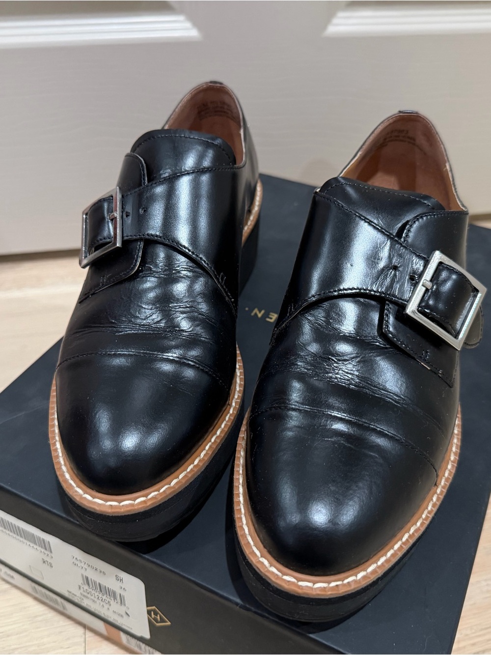 Women’s Black Leather Single Monk Strap Platform Shoes